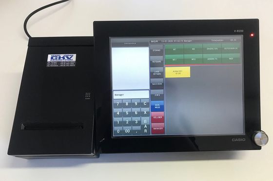 Touchscreen-Kasse mit Bondrucker auf einem Tresen, Tasten für Storno und Zahlwege